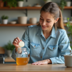 Femme dans la cuisine examine un scoby sain