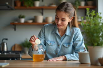 Femme dans la cuisine examine un scoby sain