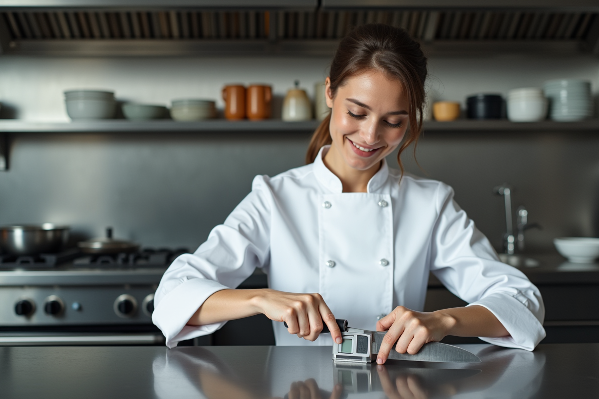 Jeune femme en veste blanche ajustant un couteau avec un outil digital