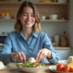 Femme souriante coupant du fromage dans la cuisine moderne