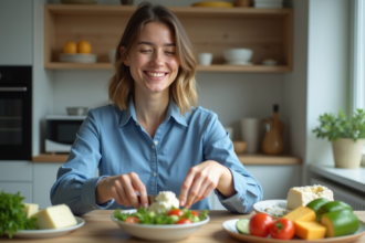 Femme souriante coupant du fromage dans la cuisine moderne
