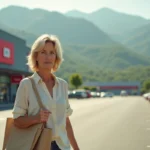 Femme faisant ses courses à la Venta Peio Dancharia avec des sacs réutilisables, collines basques en arrière-plan