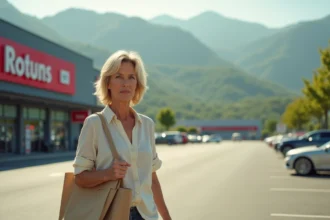 Femme faisant ses courses à la Venta Peio Dancharia avec des sacs réutilisables, collines basques en arrière-plan