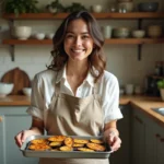 Femme souriante sortant des aubergines croustifondantes du four