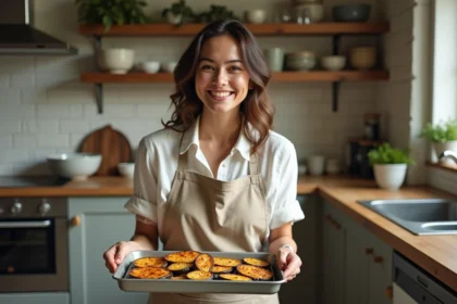Femme souriante sortant des aubergines croustifondantes du four