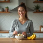 Femme souriante préparant des bananes dans la cuisine