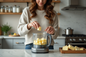 Femme en cuisine déposant du beurre dans un robot culinaire