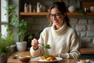 Femme souriante saupoudrant cilantro sur un plat de porc au curry