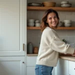 Femme souriante arrangeant des assiettes en cuisine contemporaine