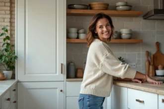 Femme souriante arrangeant des assiettes en cuisine contemporaine