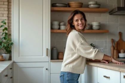 Femme souriante arrangeant des assiettes en cuisine contemporaine