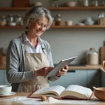 Femme française souriante en cuisine avec livre et tablette