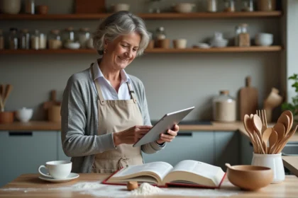 Femme française souriante en cuisine avec livre et tablette