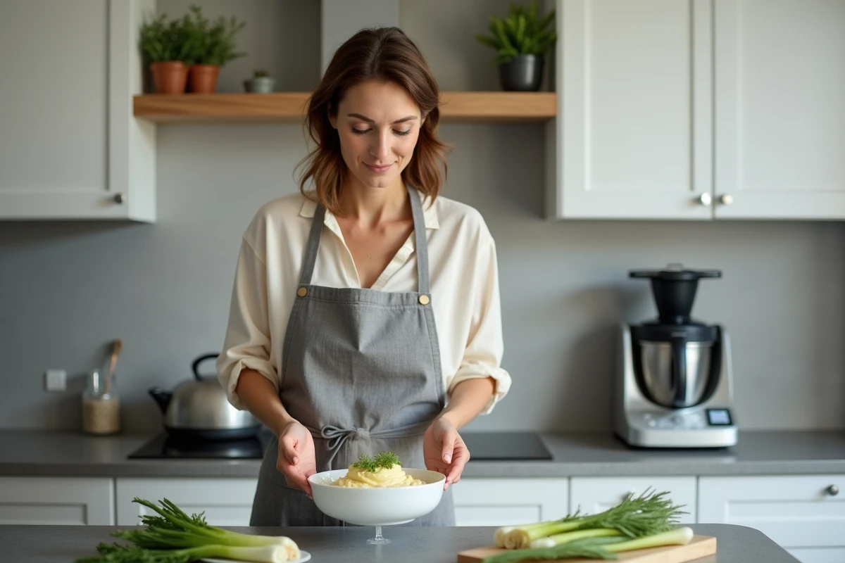 Femme en tablier transférant une fondue de poireaux préparée au Thermomix dans un plat de service dans une cuisine moderne