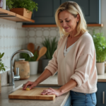 Femme en jeans et pull pastel lavant un plancher en bois