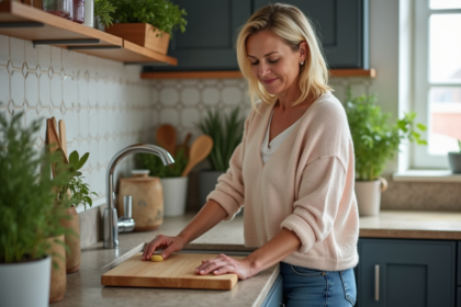 Femme en jeans et pull pastel lavant un plancher en bois