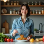 Femme souriante en cuisine préparant un stirfry de légumes