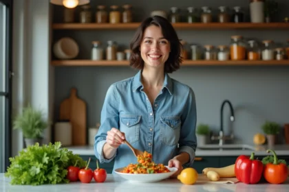 Femme souriante en cuisine préparant un stirfry de légumes