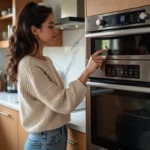 Femme dans la cuisine moderne utilisant un four multifonction