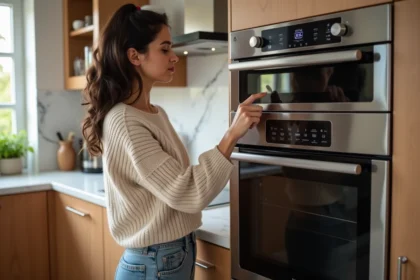 Femme dans la cuisine moderne utilisant un four multifonction