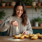 Femme saupoudrant parmesan sur pommes de terre dorées
