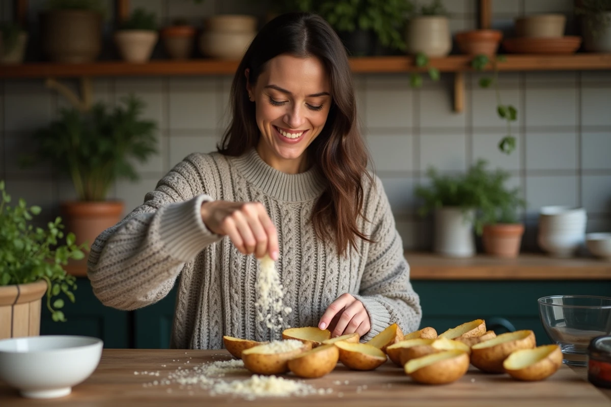 Femme saupoudrant parmesan sur pommes de terre dorées