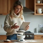 Femme en cuisine moderne pèse de la farine sur une balance digitale