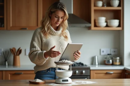 Femme en cuisine moderne pèse de la farine sur une balance digitale