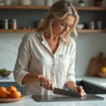 Femme en cuisine avec plateau en titane et couteau