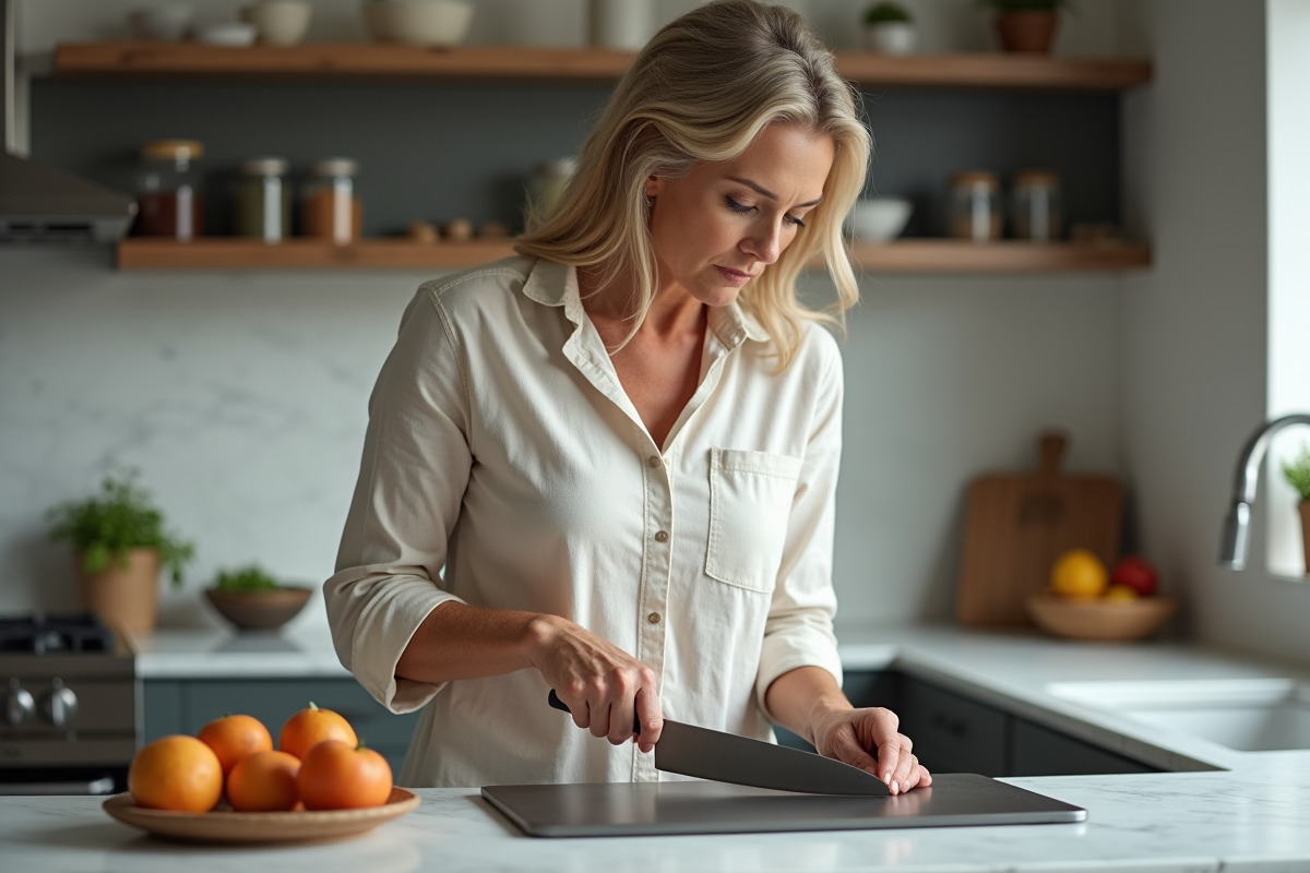 Femme en cuisine avec plateau en titane et couteau
