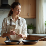 Femme inspectant des poeles en cuisine moderne chaleureuse