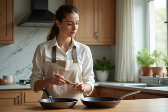 Femme inspectant des poeles en cuisine moderne chaleureuse