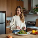 Femme préparant une salade colorée dans une cuisine moderne