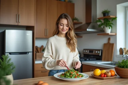 Femme préparant une salade colorée dans une cuisine moderne