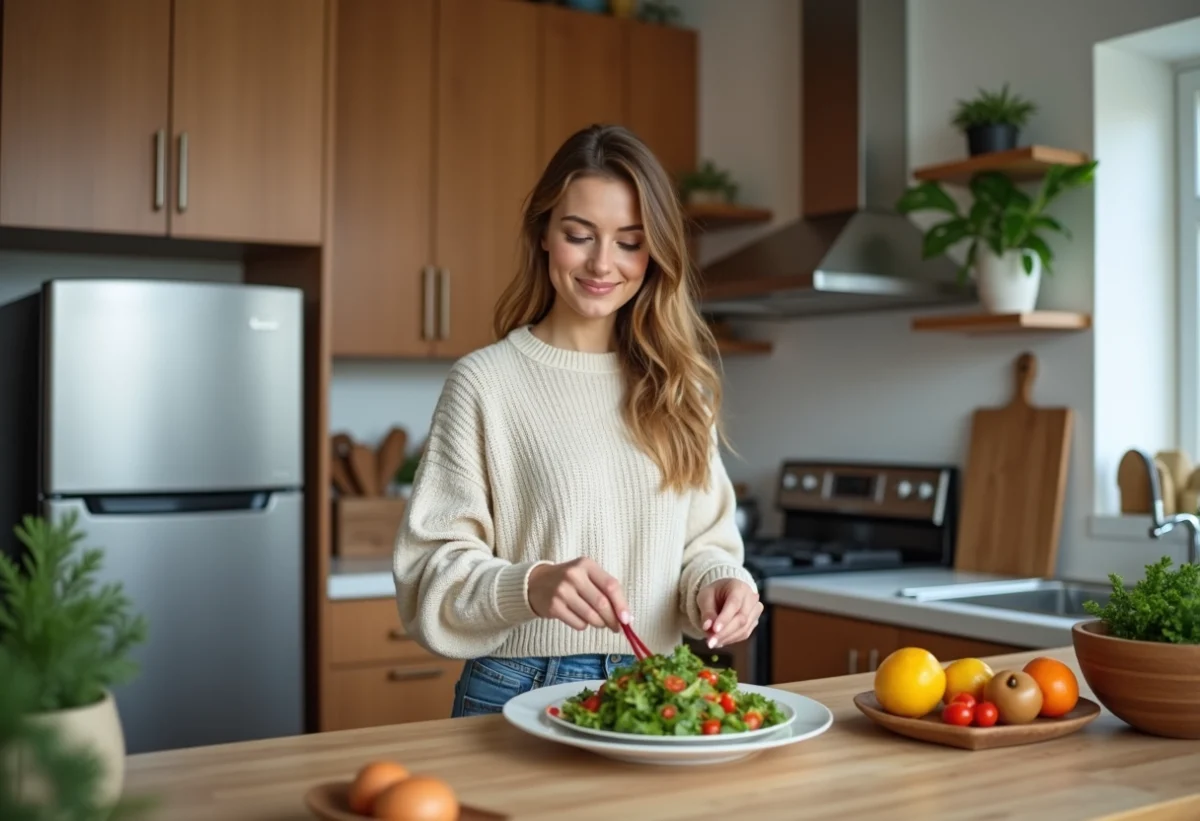 Femme préparant une salade colorée dans une cuisine moderne