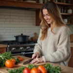 Femme souriante coupant des légumes dans la cuisine chaleureuse