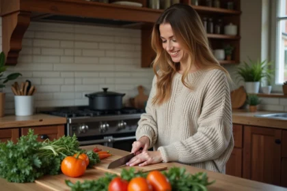Femme souriante coupant des légumes dans la cuisine chaleureuse