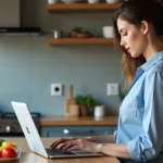 Femme en cuisine utilisant un timer en ligne sur son ordinateur