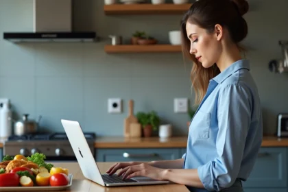 Femme en cuisine utilisant un timer en ligne sur son ordinateur