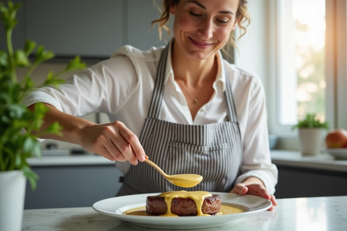 Femme en tablier dressant un filet mignon sauce moutarde dans une assiette, recette facile au Cookeo