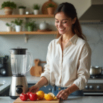 Femme assemble des fruits frais dans une cuisine moderne