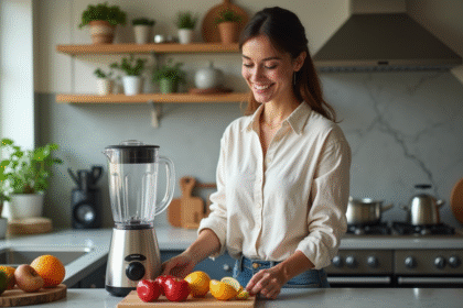 Femme assemble des fruits frais dans une cuisine moderne