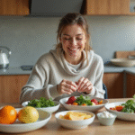 Femme souriante arrangeant fruits et légumes frais
