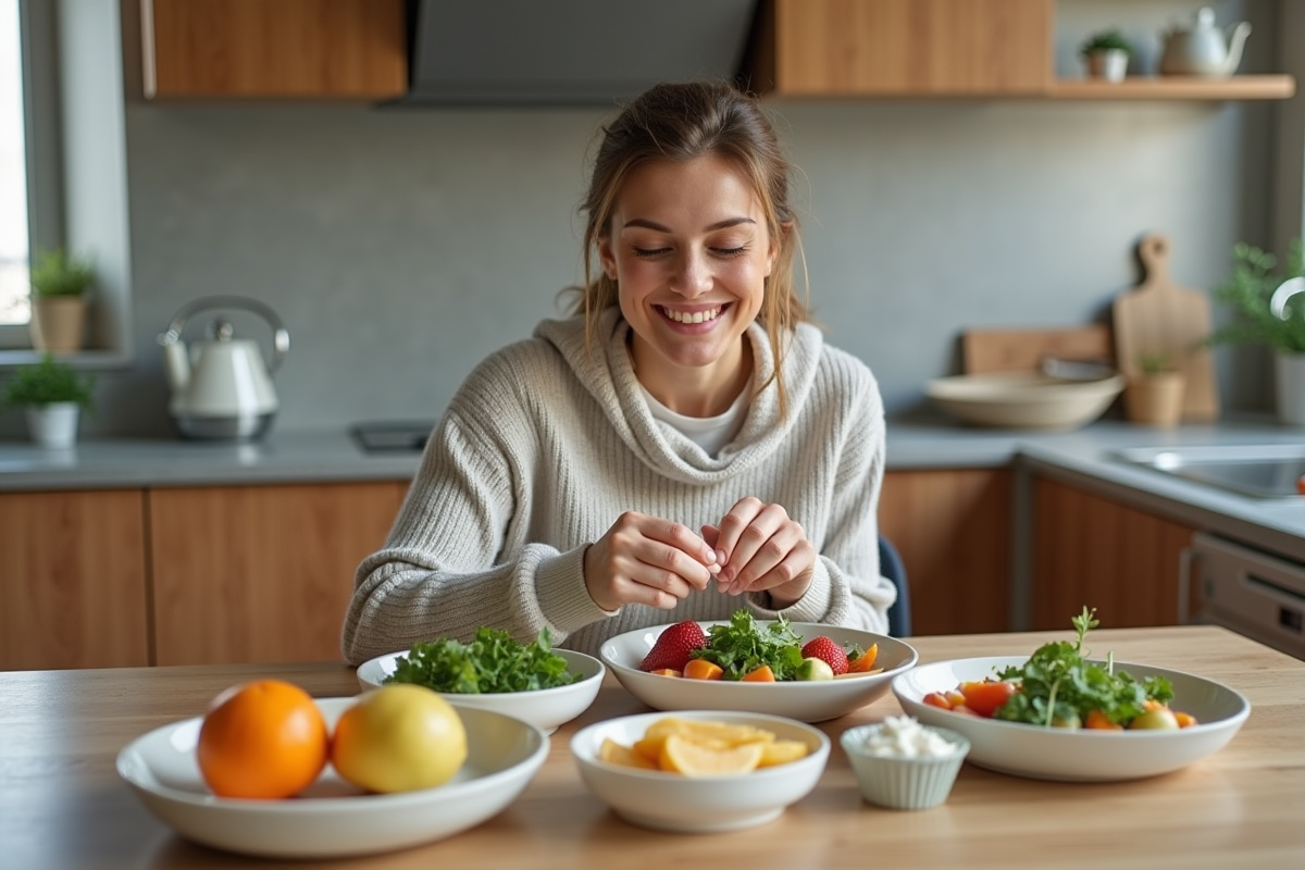 Femme souriante arrangeant fruits et légumes frais