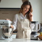 Femme dans la cuisine compare un mixeur traditionnel et un blender moderne