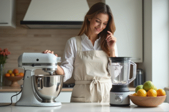 Femme dans la cuisine compare un mixeur traditionnel et un blender moderne
