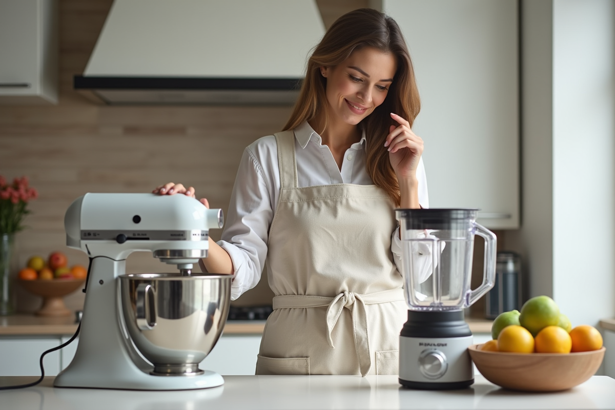 Femme dans la cuisine compare un mixeur traditionnel et un blender moderne