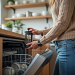 Femme plaçant une cafetière French press dans un lave-vaisselle moderne