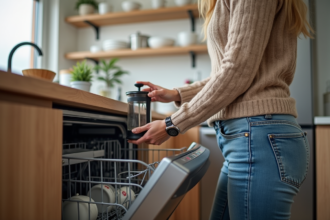 Femme plaçant une cafetière French press dans un lave-vaisselle moderne