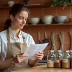 Femme consultant une liste d'épices imprimée dans sa cuisine avec des bocaux d'épices colorés sur un plan de travail en bois
